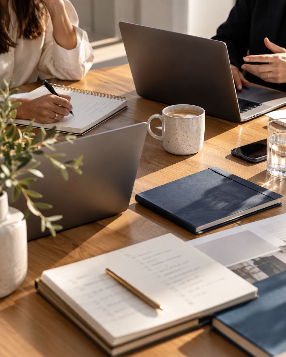 Reunión de trabajo con laptops, cuadernos y café