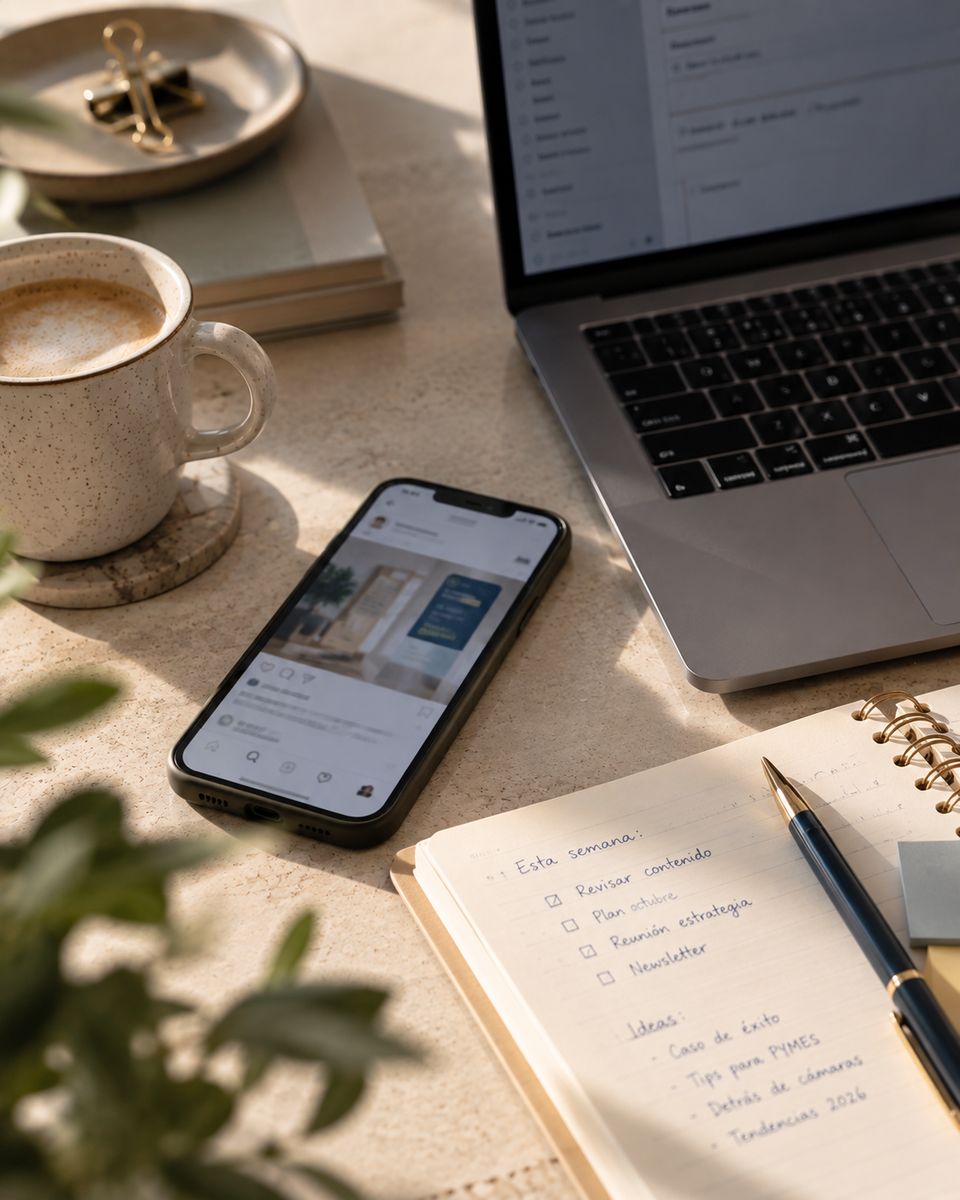 Celular mostrando una publicación de redes sociales junto a una laptop