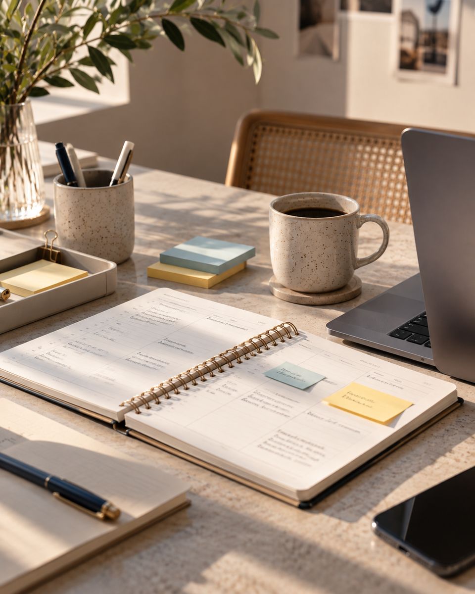 Agenda abierta con notas adhesivas y una taza de café