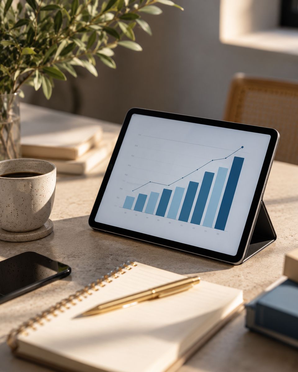 Tablet con un gráfico de resultados en crecimiento sobre un escritorio